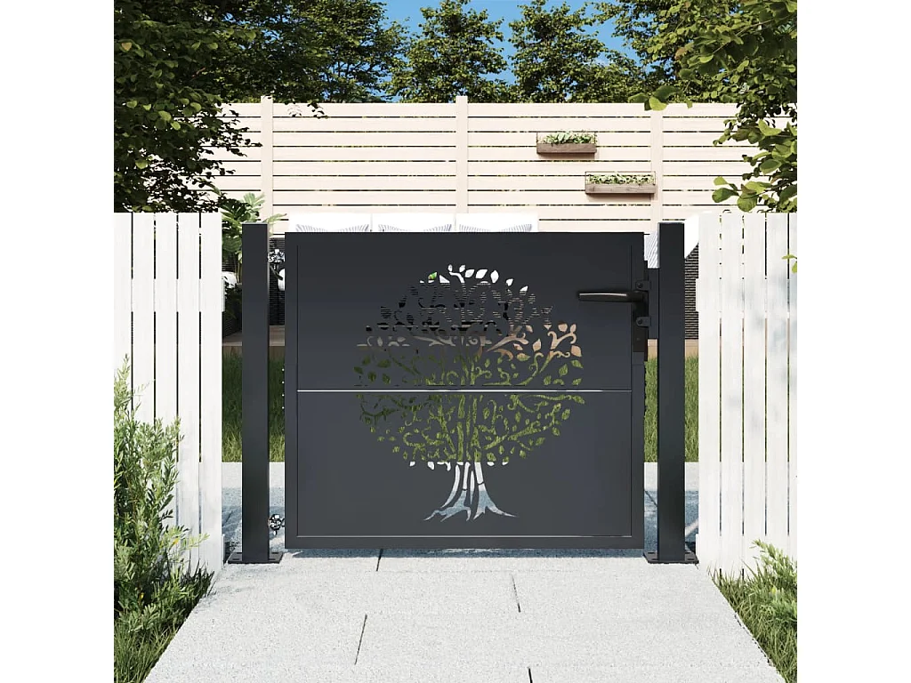 Puerta de jardín antracita 105x80 cm de acero con diseño de árbol