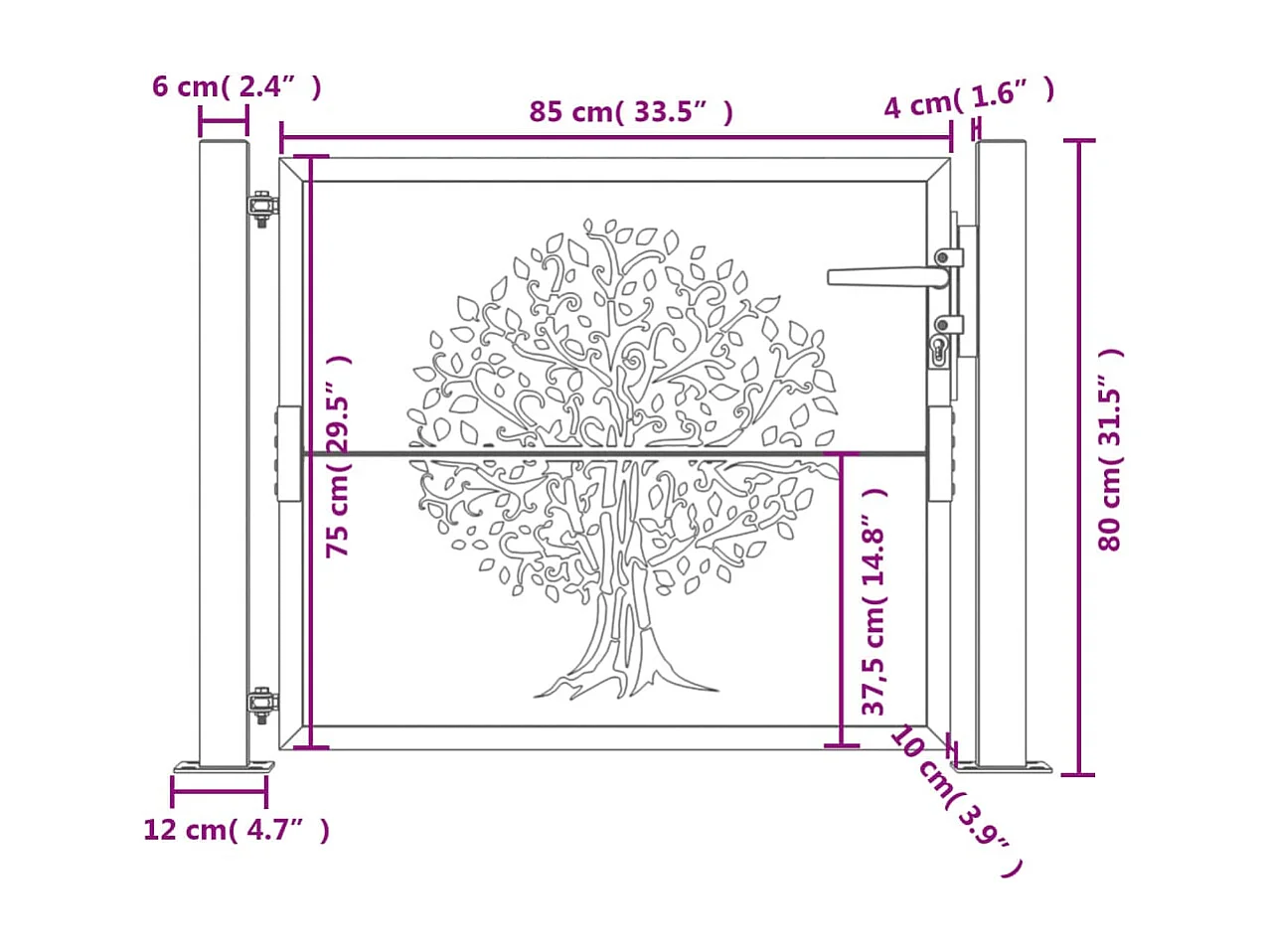 Puerta de jardín antracita 105x80 cm de acero con diseño de árbol