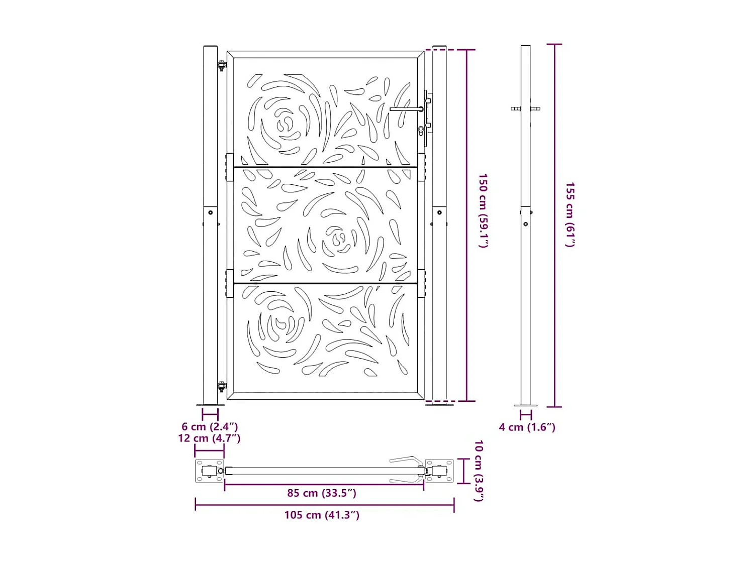Cancello da giardino nero 105x155 cm in acciaio con motivo a fiamma