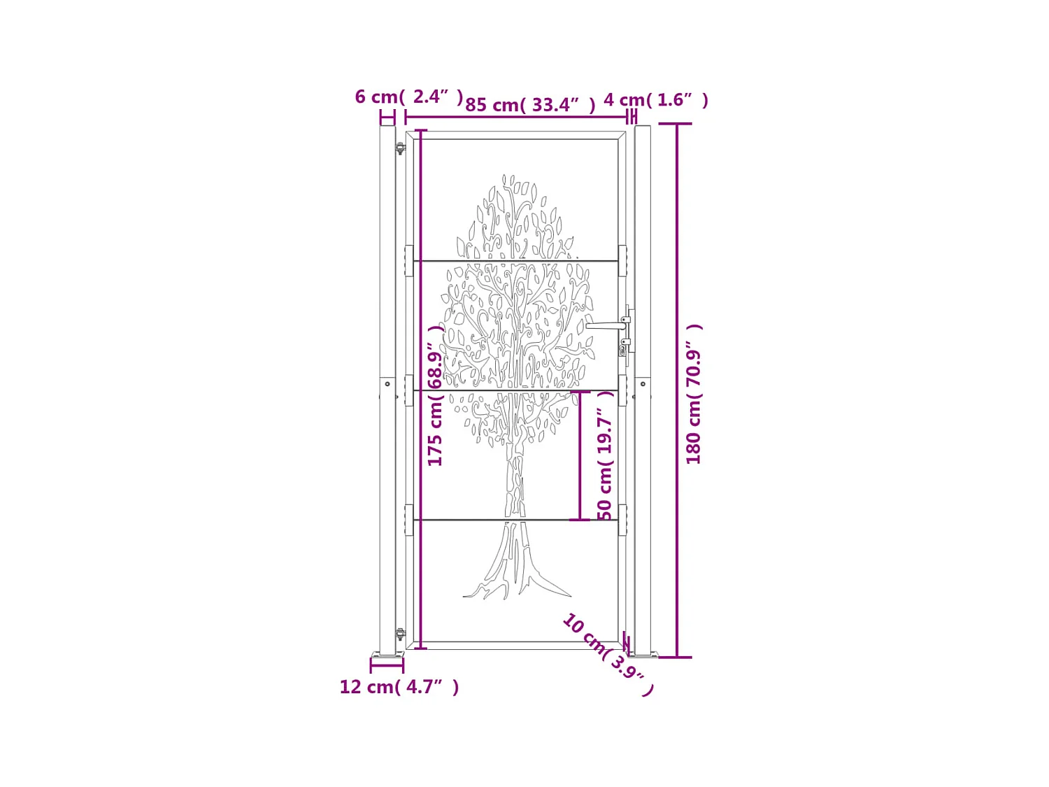 Cancello da giardino antracite 105x180cm in acciaio con motivo ad albero