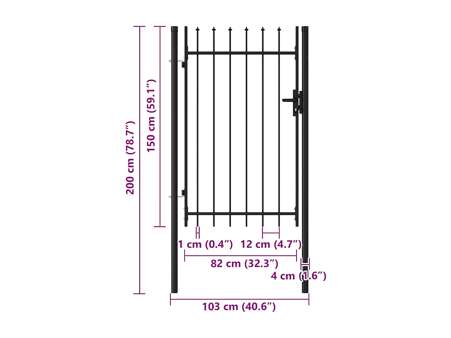 Cancello singolo con punta superiore Acciaio 1x1,5 m Nero
