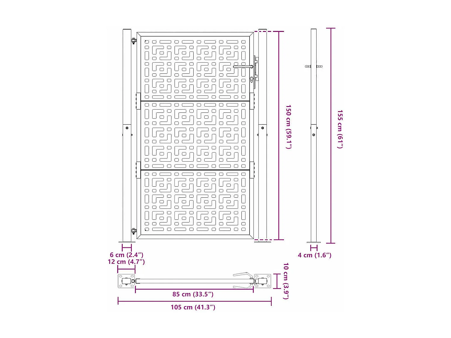 Cancello da giardino nero 105x155 cm in acciaio con design a croce