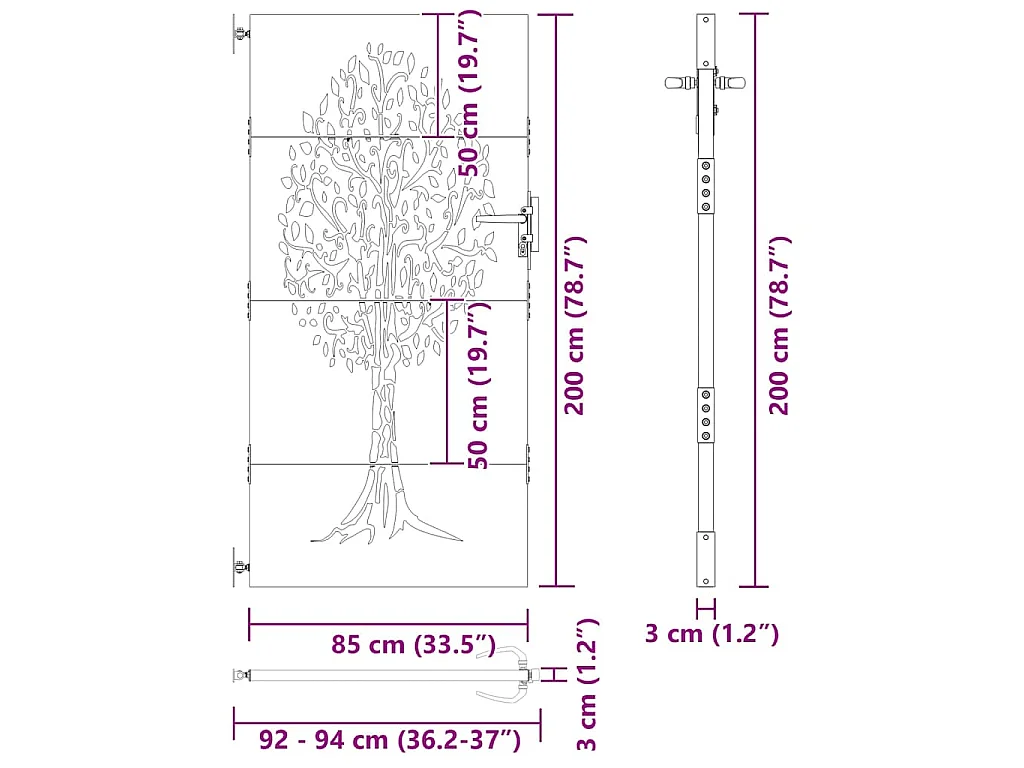 Puerta de jardín, Puerta de jardín 85x75 cm Diseño de árbol en acero Corten