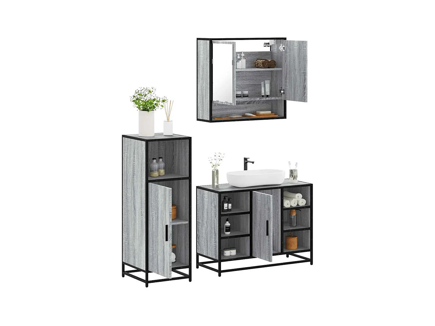 Ensemble de meubles de salle de bain 3 pcs Sonoma gris