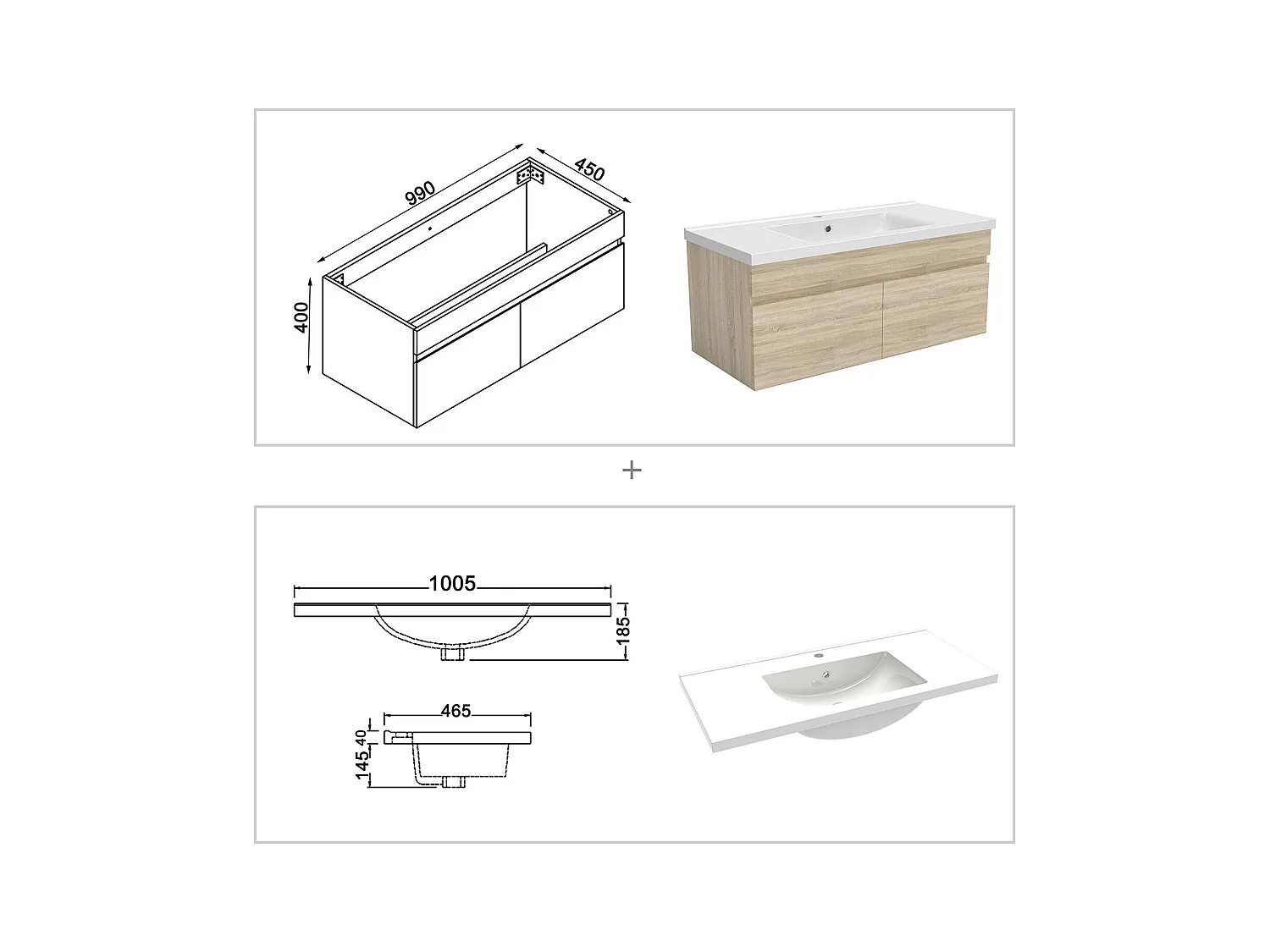 AICA Ensemble meuble Salle de Bain Anthracite avec vasque L.100cm + Miroir rétro-éclairage & Tricolore 100x60cm