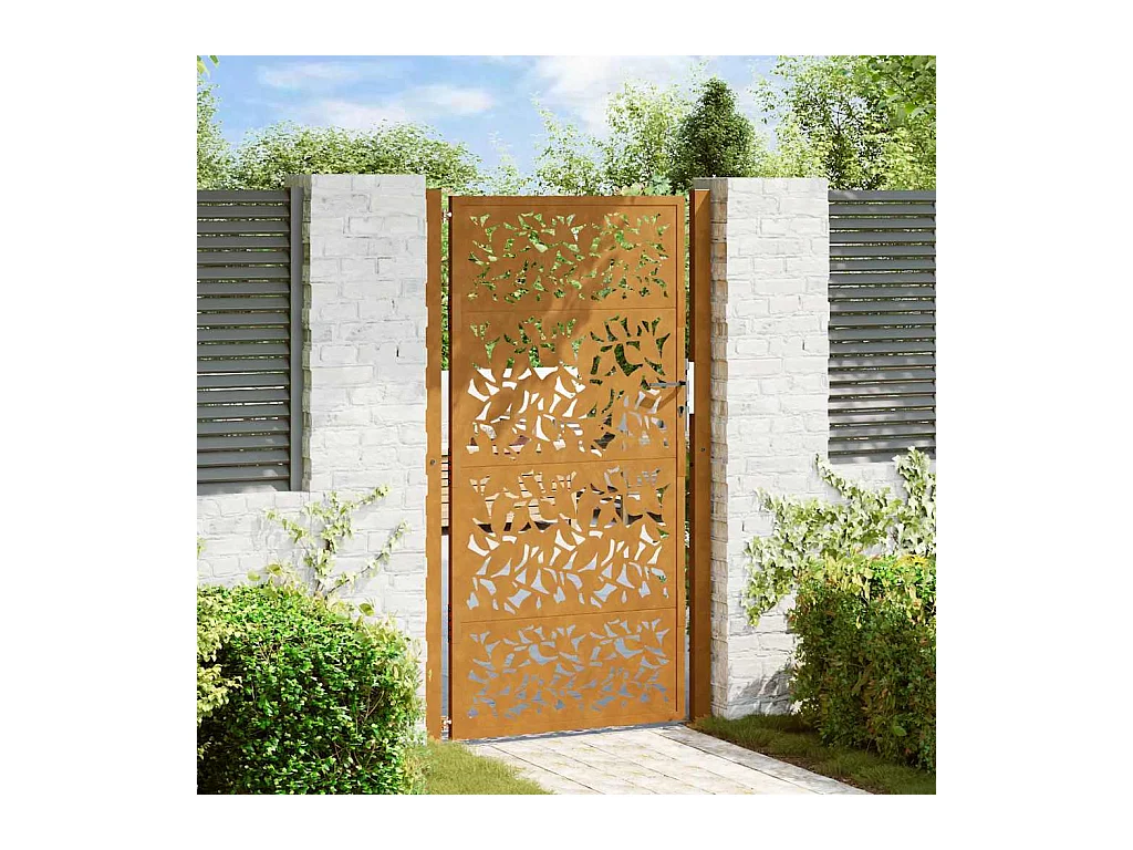 Puerta de jardín de acero resistente a la intemperie con diseño de hojas.