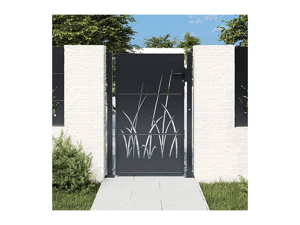 Puerta de jardín antracita de 105 x 155 cm, de acero, con diseño de césped.