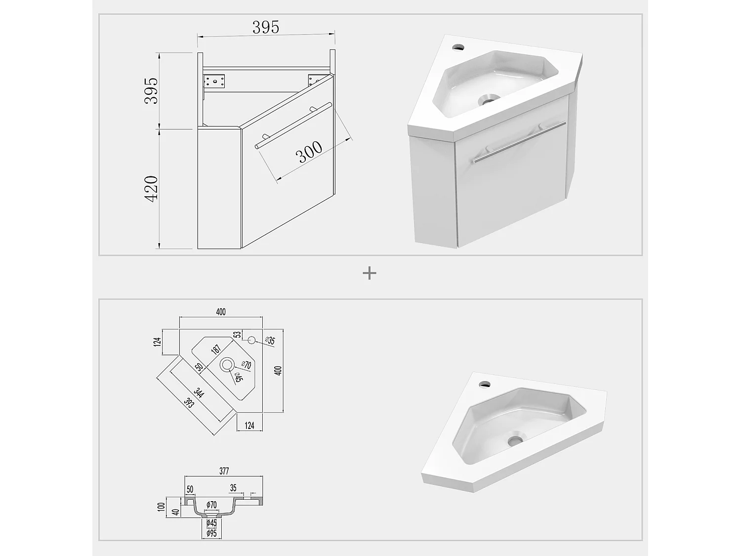 AICA Meuble de coin en pentagone, 39,5x39,5x42cm, avec vasque + une porte, Blanc