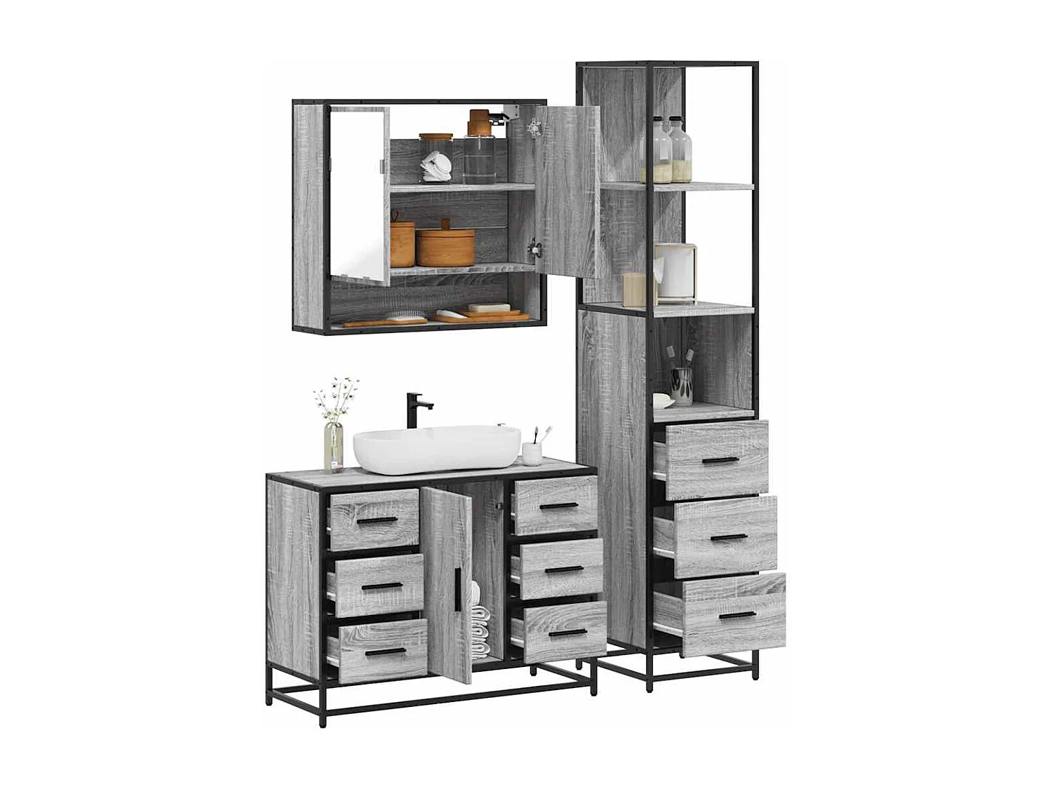 Ensemble de meubles de salle de bain 3 pcs Sonoma gris