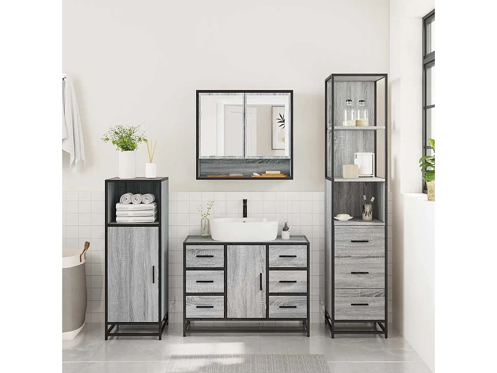 Ensemble de meubles de salle de bain 3 pcs Sonoma gris