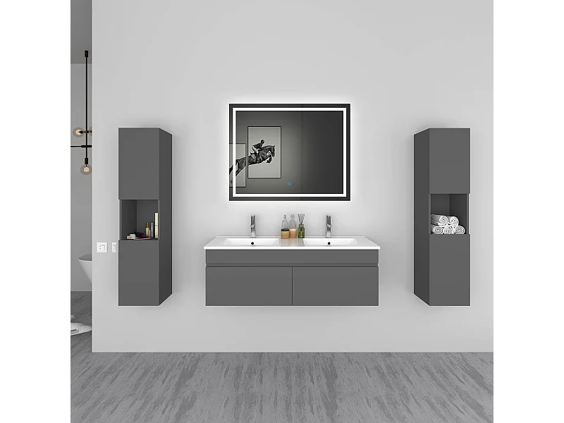 AICA Ensemble meuble Salle de Bain vasque L.120cm Anthracite 2 Portes + 2 Colonne + Miroir LED 100 x 80 cm