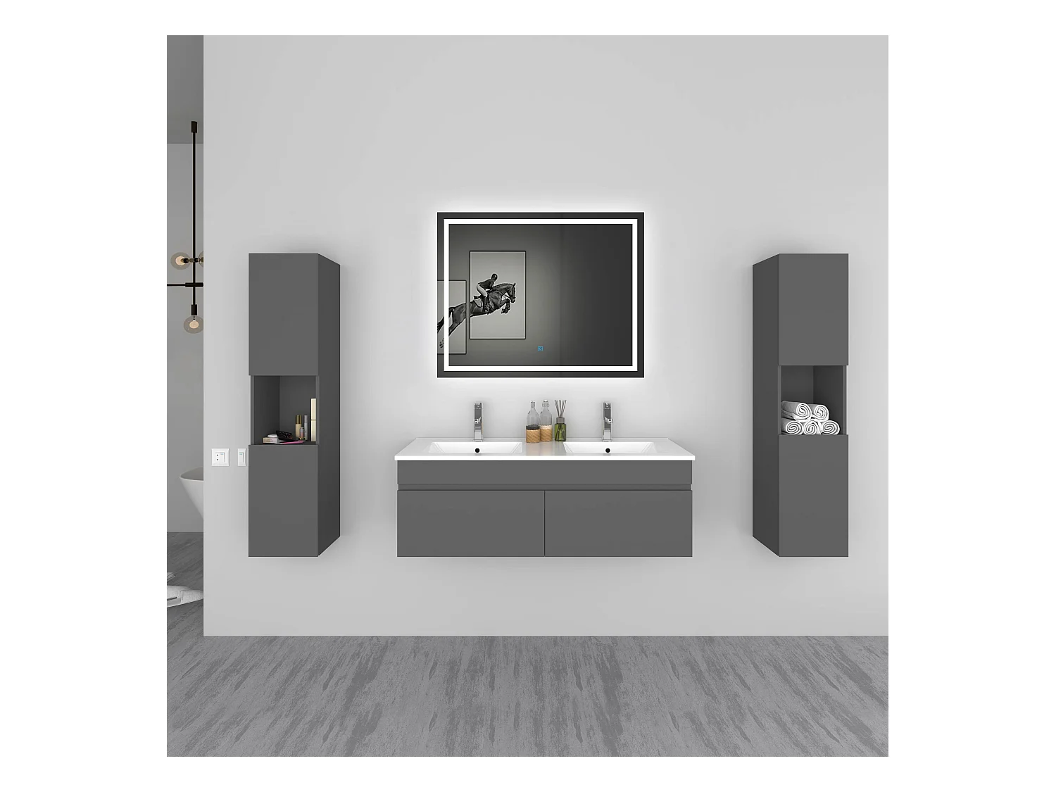 AICA Ensemble meuble Salle de Bain vasque L.120cm Anthracite 2 Portes + 2 Colonne + Miroir LED 100 x 80 cm