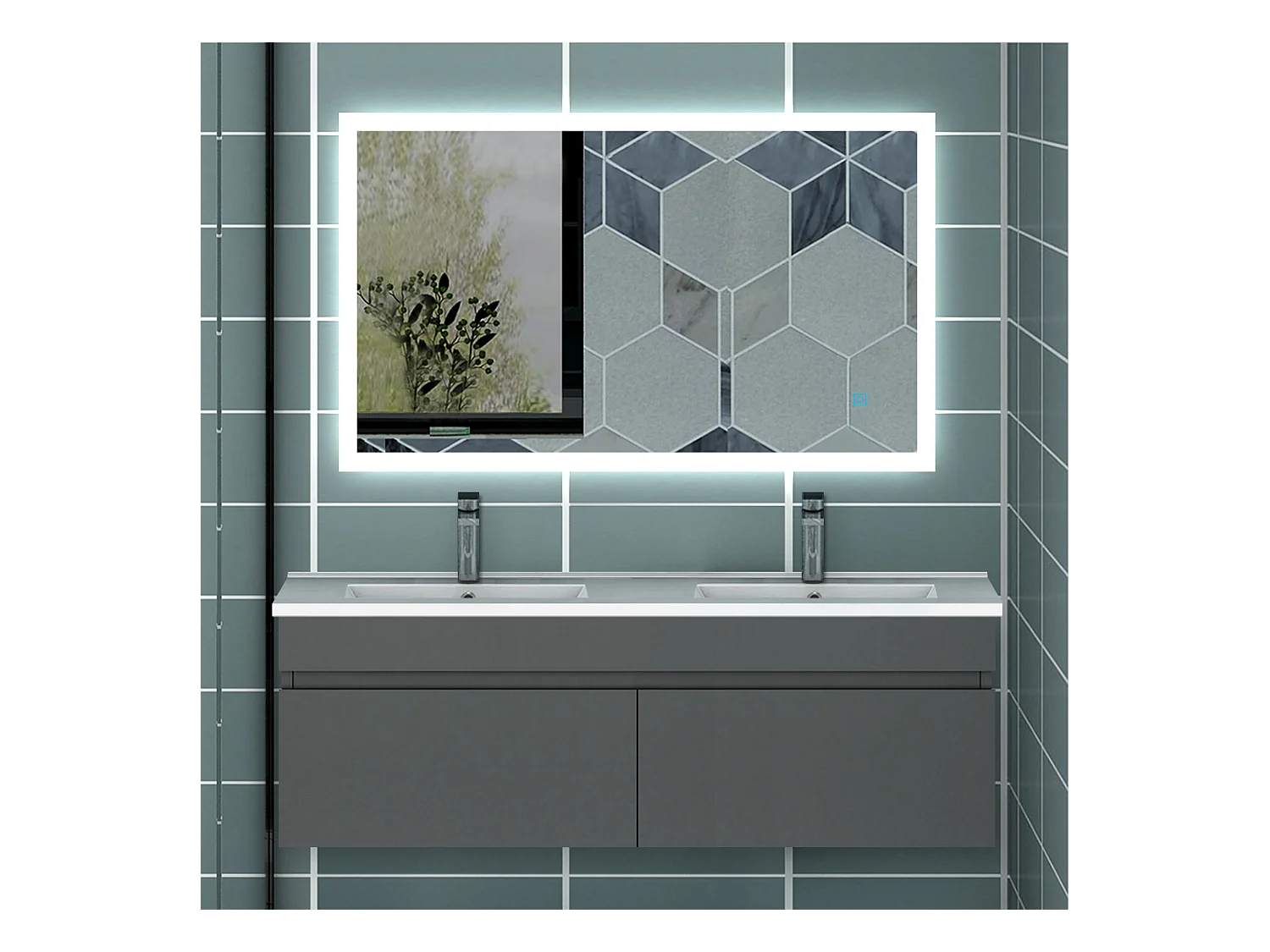 AICA Ensemble meuble Salle de Bain vasque L.120cm Anthracite 2 Portes + 2 Colonne + Miroir LED 100 x 80 cm