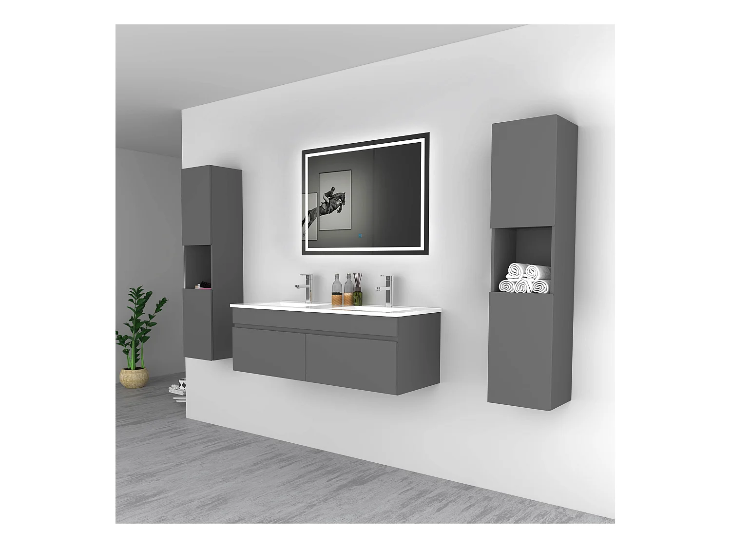 AICA Ensemble meuble Salle de Bain vasque L.120cm Anthracite 2 Portes + 2 Colonne + Miroir LED 100 x 80 cm