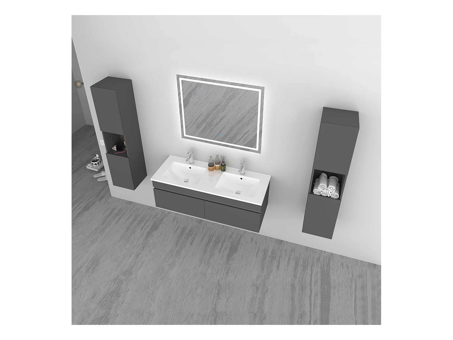 AICA Ensemble meuble Salle de Bain vasque L.120cm Anthracite 2 Portes + 2 Colonne + Miroir LED 100 x 80 cm