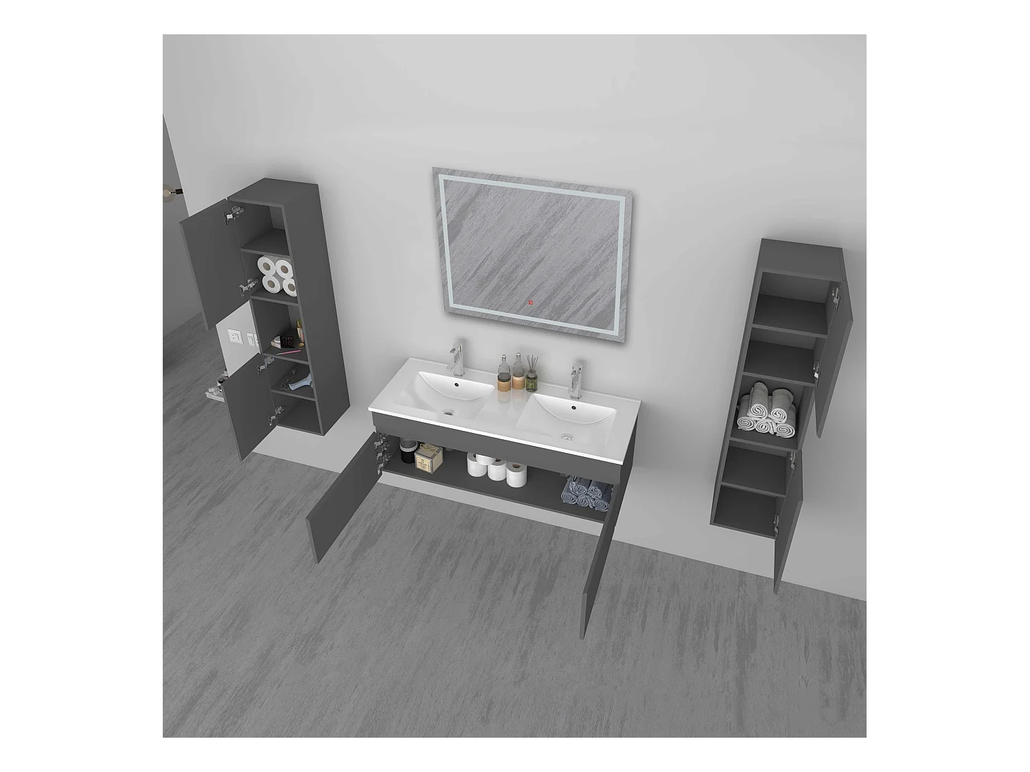 AICA Ensemble meuble Salle de Bain vasque L.120cm Anthracite 2 Portes + 2 Colonne + Miroir LED 100 x 80 cm