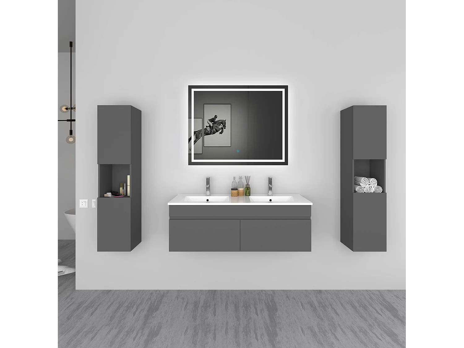 AICA Ensemble meuble Salle de Bain vasque L.120cm Anthracite 2 Portes + 2 Colonne + Miroir LED 100 x 80 cm