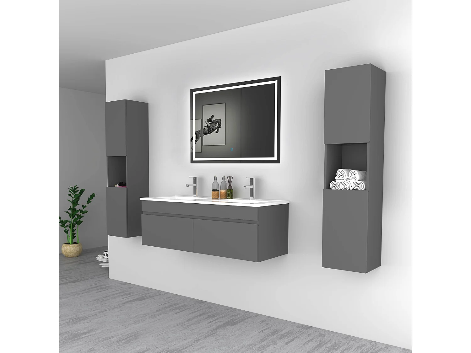 AICA Ensemble meuble Salle de Bain vasque L.120cm Anthracite 2 Portes + 2 Colonne + Miroir LED 100 x 80 cm