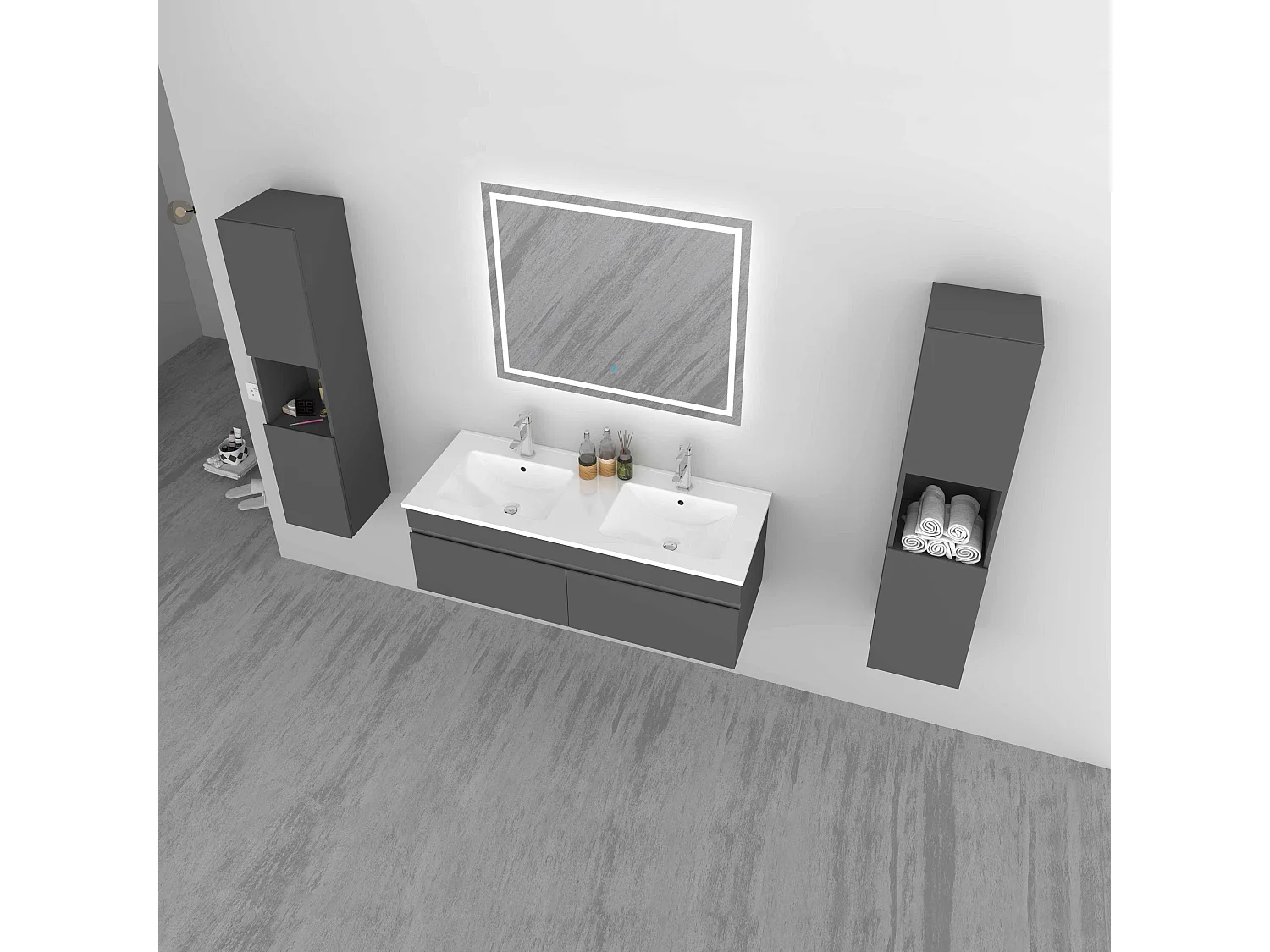 AICA Ensemble meuble Salle de Bain vasque L.120cm Anthracite 2 Portes + 2 Colonne + Miroir LED 100 x 80 cm