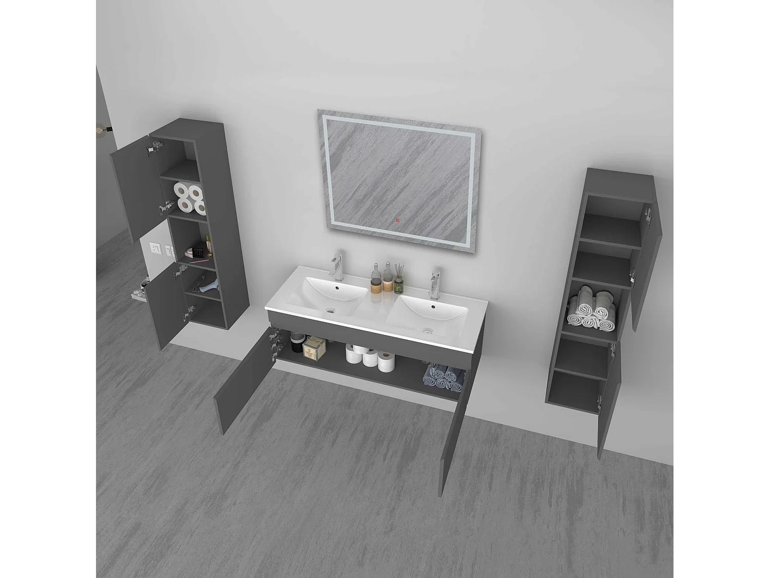 AICA Ensemble meuble Salle de Bain vasque L.120cm Anthracite 2 Portes + 2 Colonne + Miroir LED 100 x 80 cm