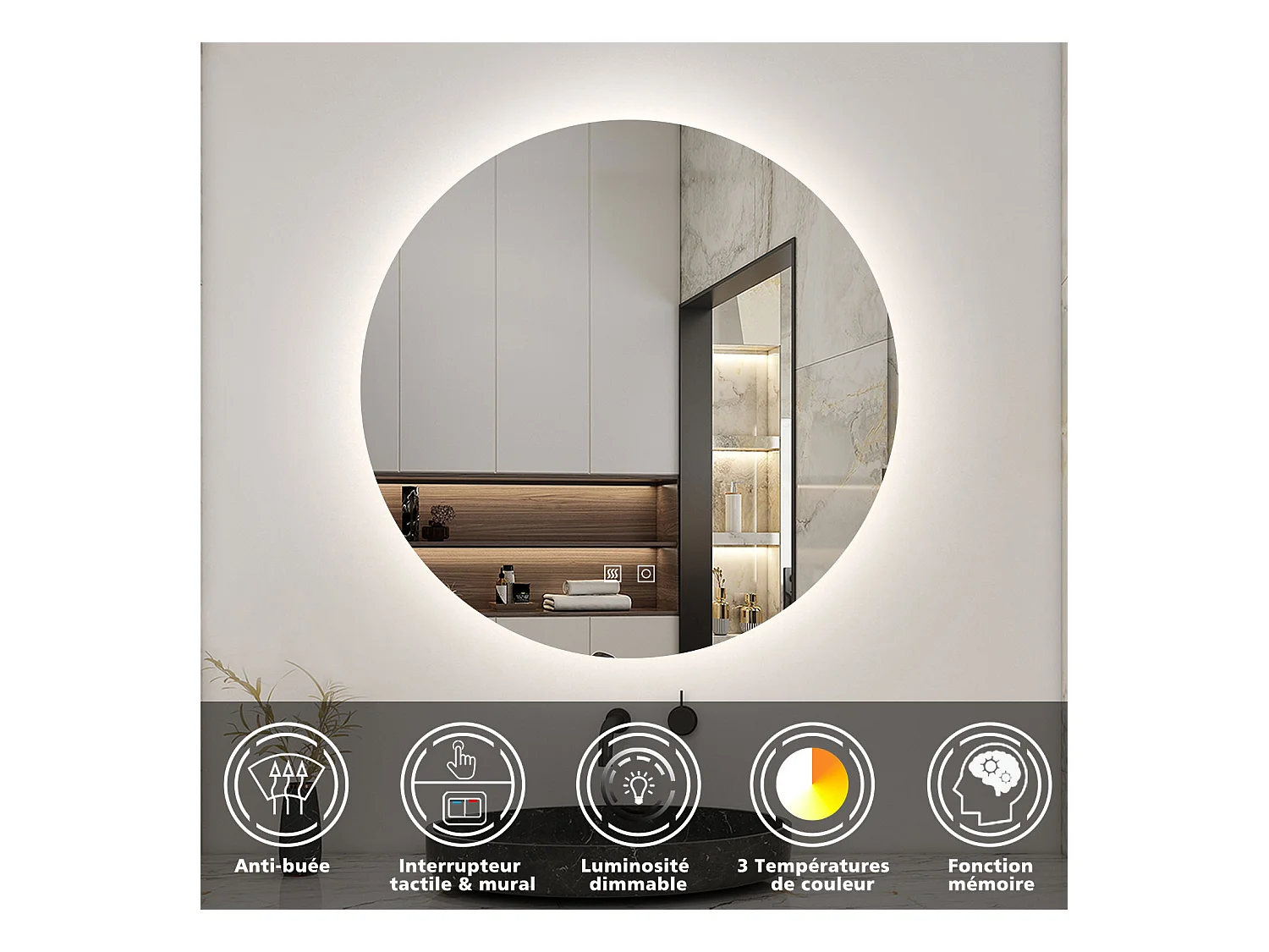 AICA Ensemble meuble Salle de Bain L.100cm Anthracite + vasque + Miroir 100cm Tricolore + Dimmable Rond