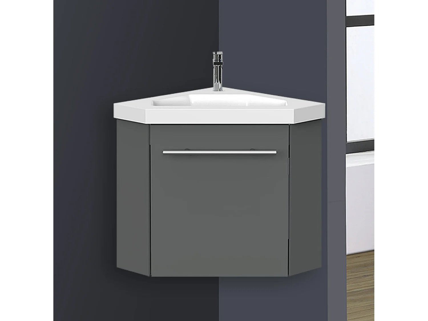 AICA Meuble de coin en pentagone, 39,5x39,5x42cm, avec vasque + une porte, Anthracite