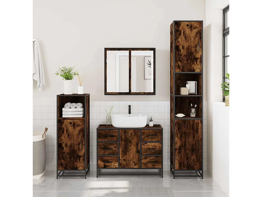 Ensemble meubles salle de bain 4 pcs chêne fumé bois ingénierie