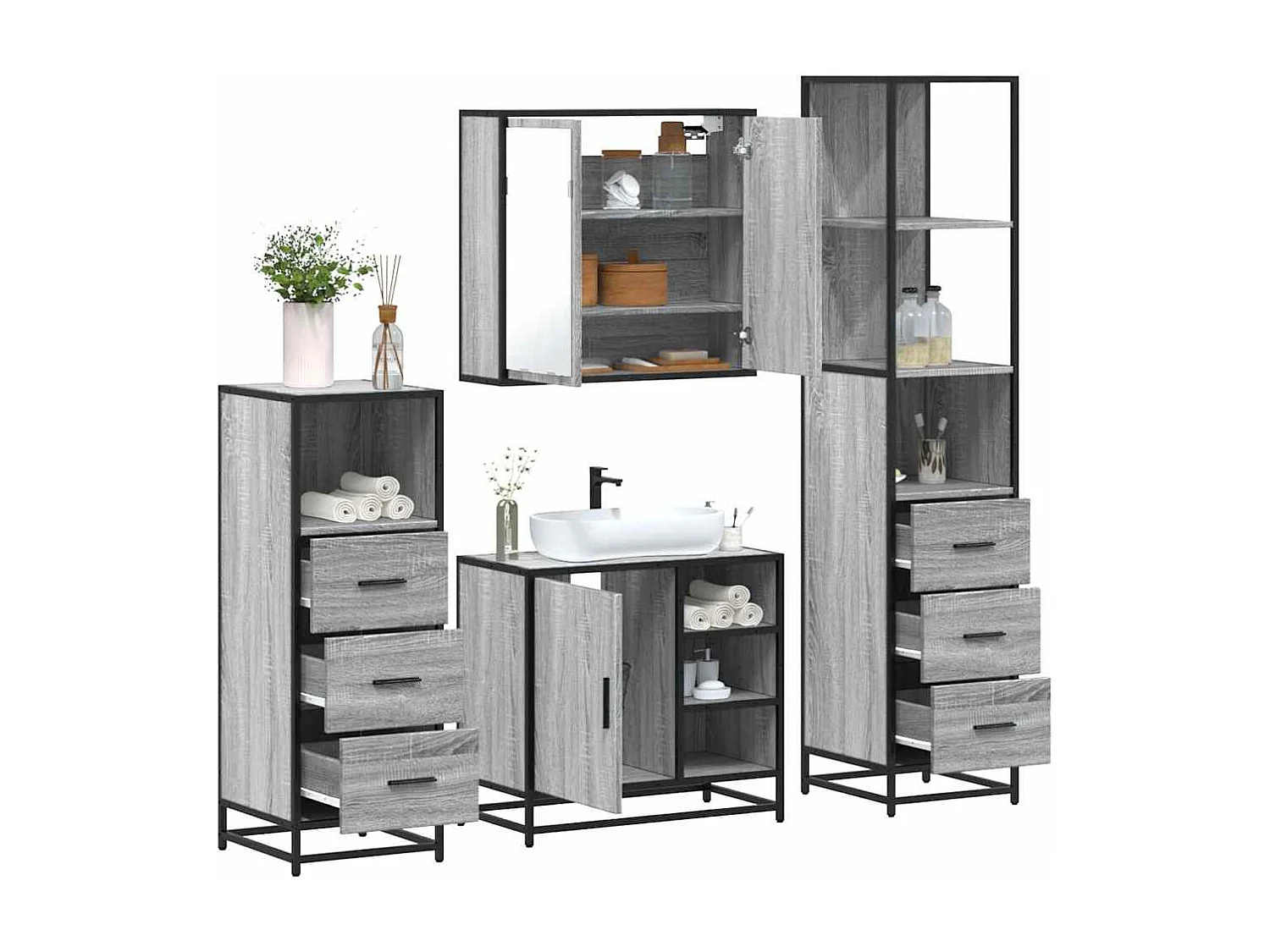 Set di mobili da bagno 4 pezzi grigio Sonoma