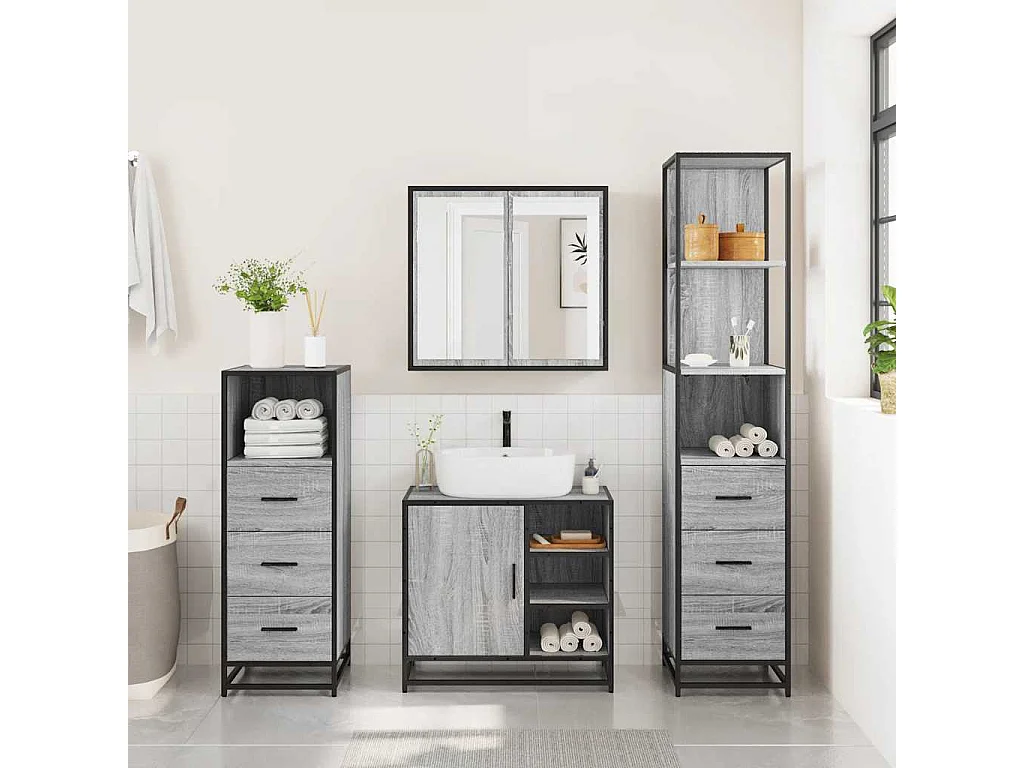 Set di mobili da bagno 4 pezzi grigio Sonoma