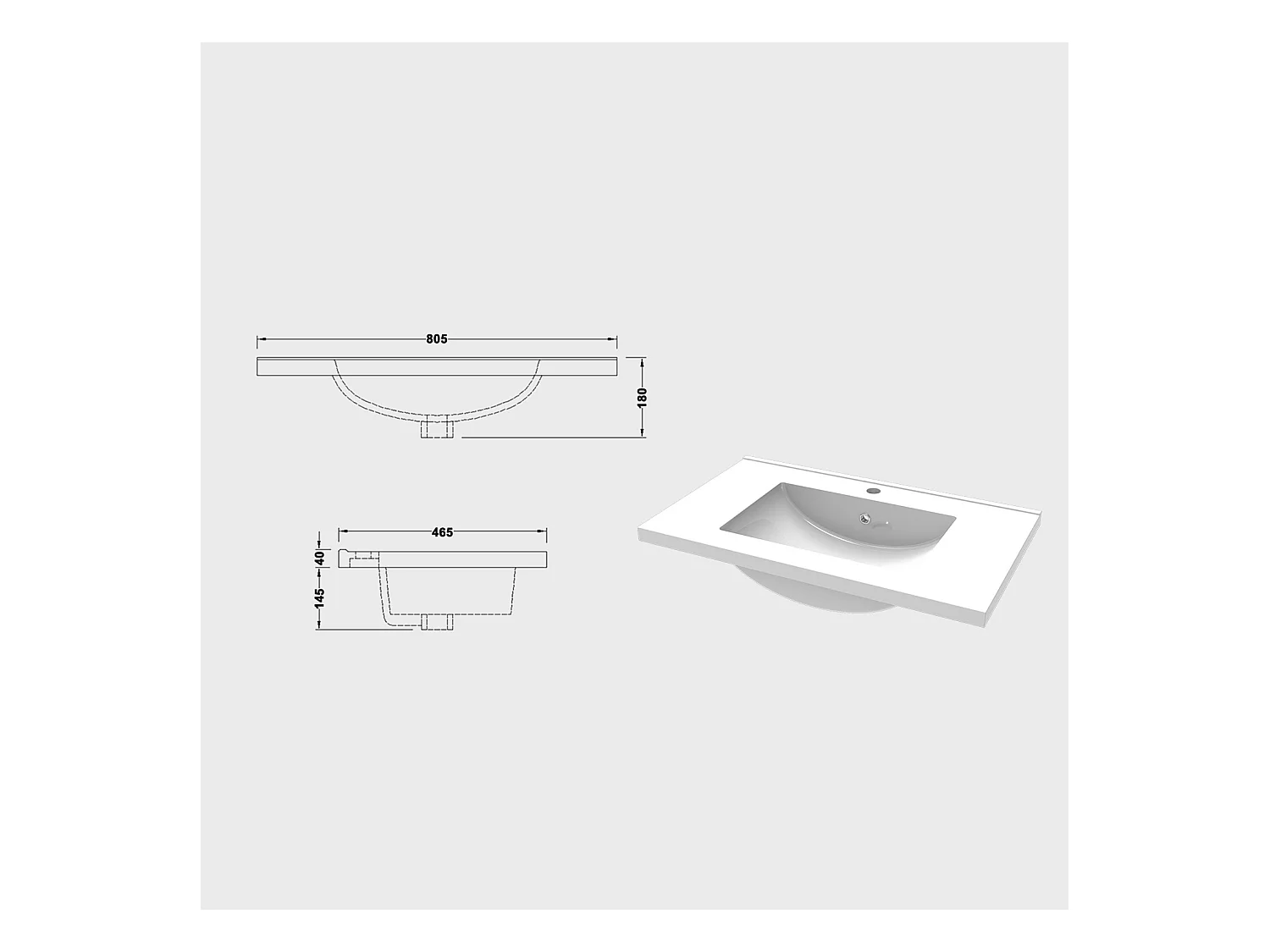 AICA Ensemble meuble Salle de Bain avec portes + vasque céramique, L x W x H: 79,5x45x40cm， Anthracite Mat