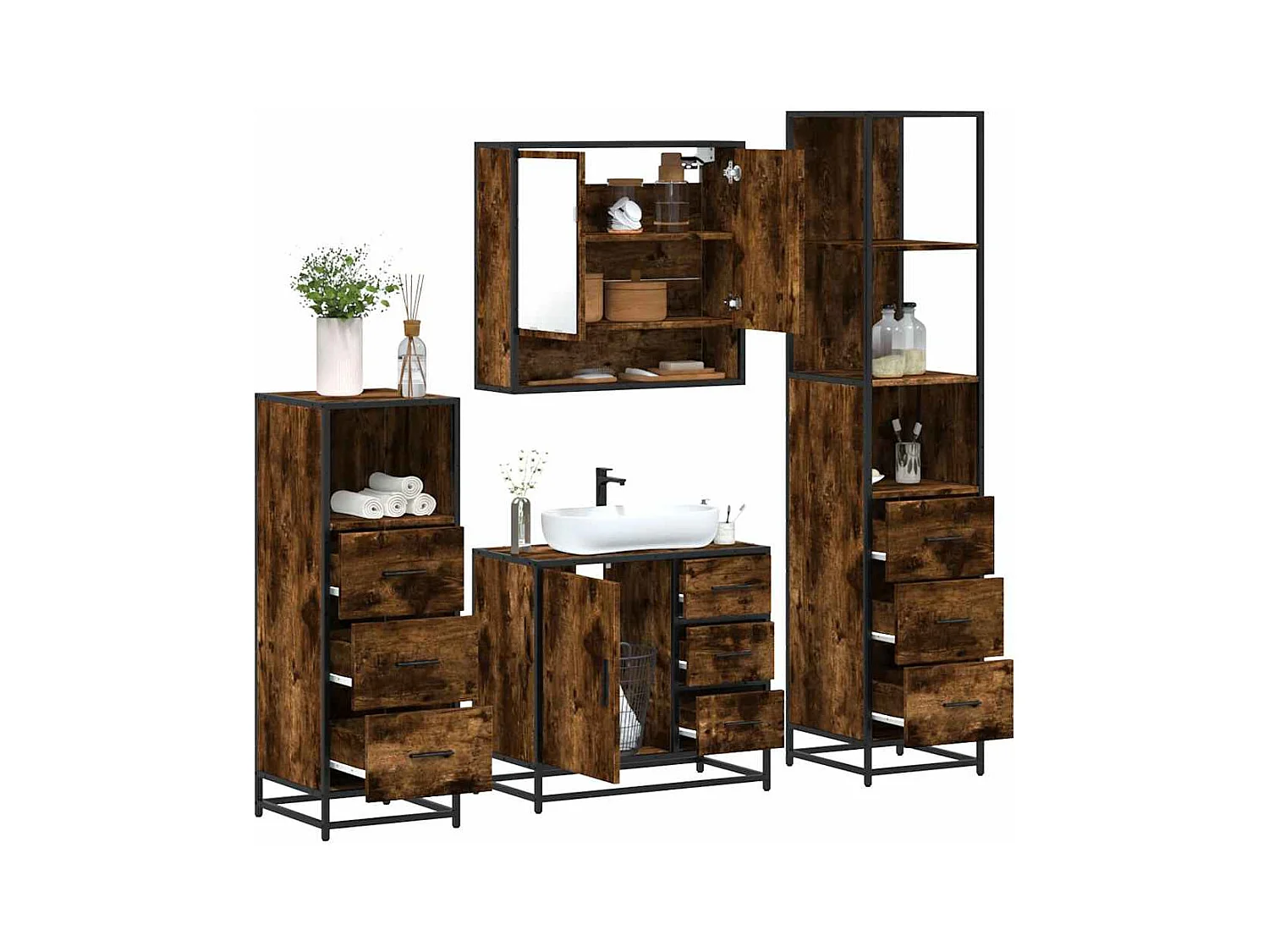 Conjunto de muebles de baño de 4 piezas de madera de ingeniería de roble ahumado