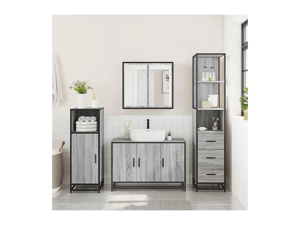 Ensemble de meubles de salle de bain 3 pcs Sonoma gris