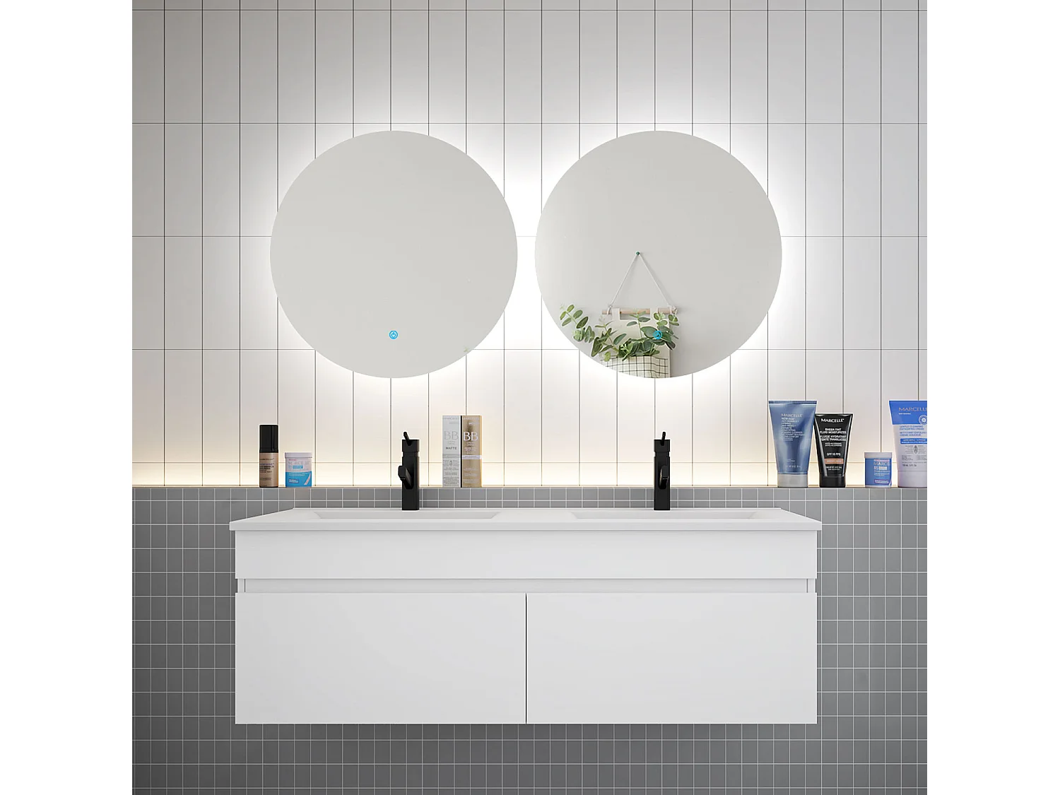 AICA Ensemble meuble Salle de Bain vasque L.120cm + 2 x Miroir LED Tricolore 60cm,Blanc