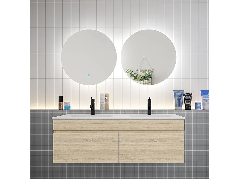 AICA Ensemble meuble Salle de Bain vasque L.120cm + 2 x Miroir LED Tricolore 60cm,Blanc