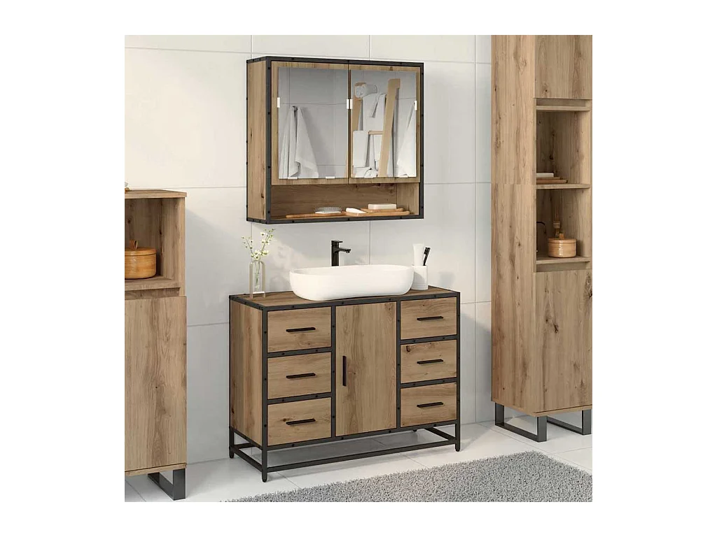 Mobile lavabo da bagno con cassetto in rovere lavorato a mano