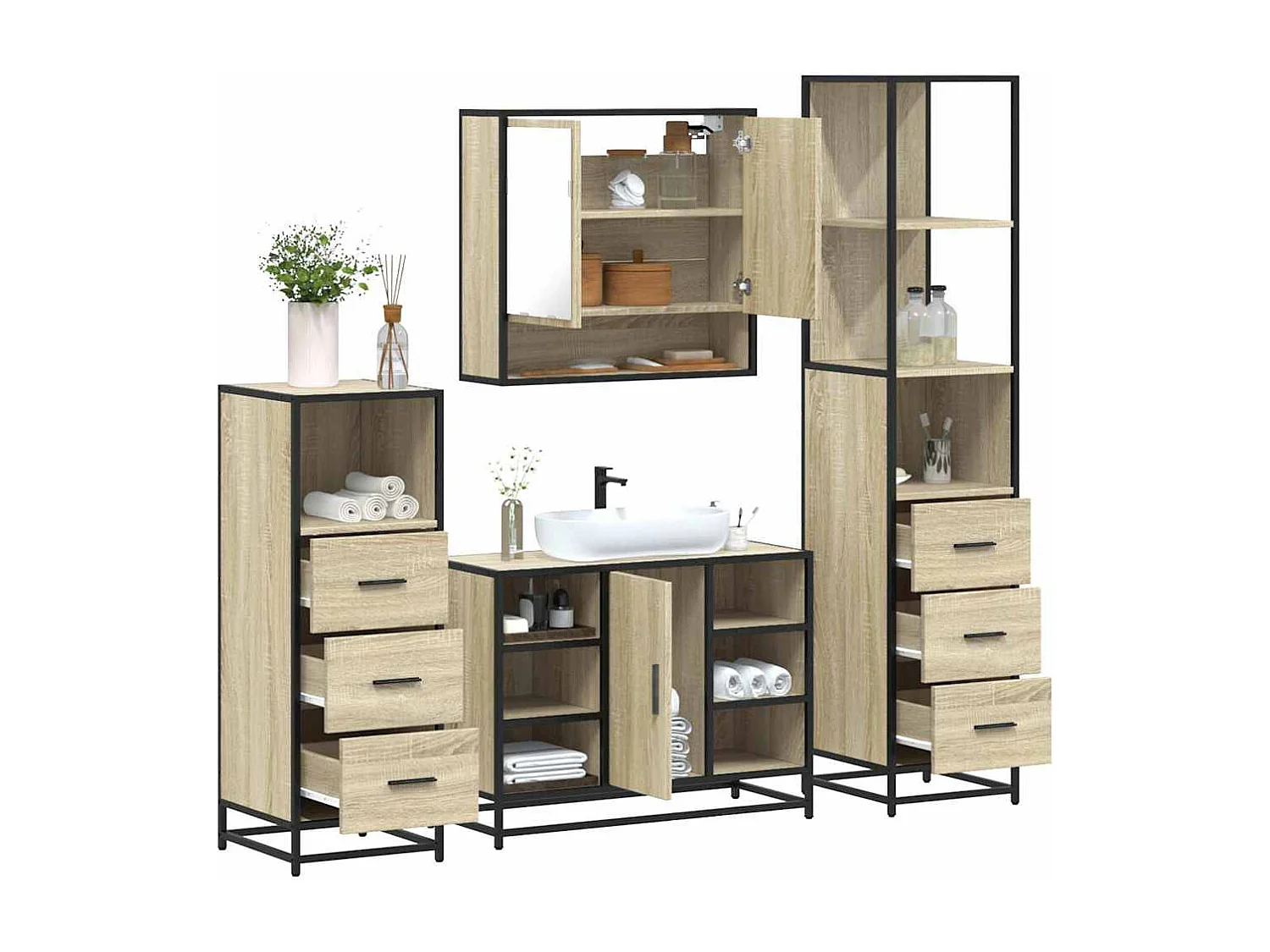 Set di mobili da bagno 4 pezzi in rovere Sonoma