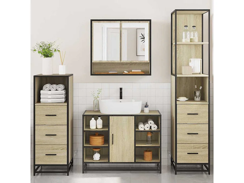 Set di mobili da bagno 4 pezzi in rovere Sonoma