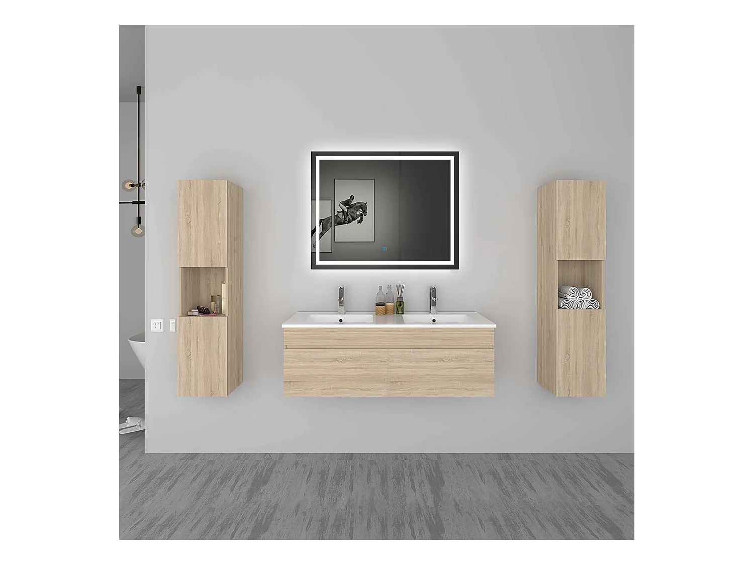 AICA Ensemble meuble Salle de Bain vasque L.120cm Chêne 2 Portes + 2 Colonne + Miroir LED 100 x 80 cm