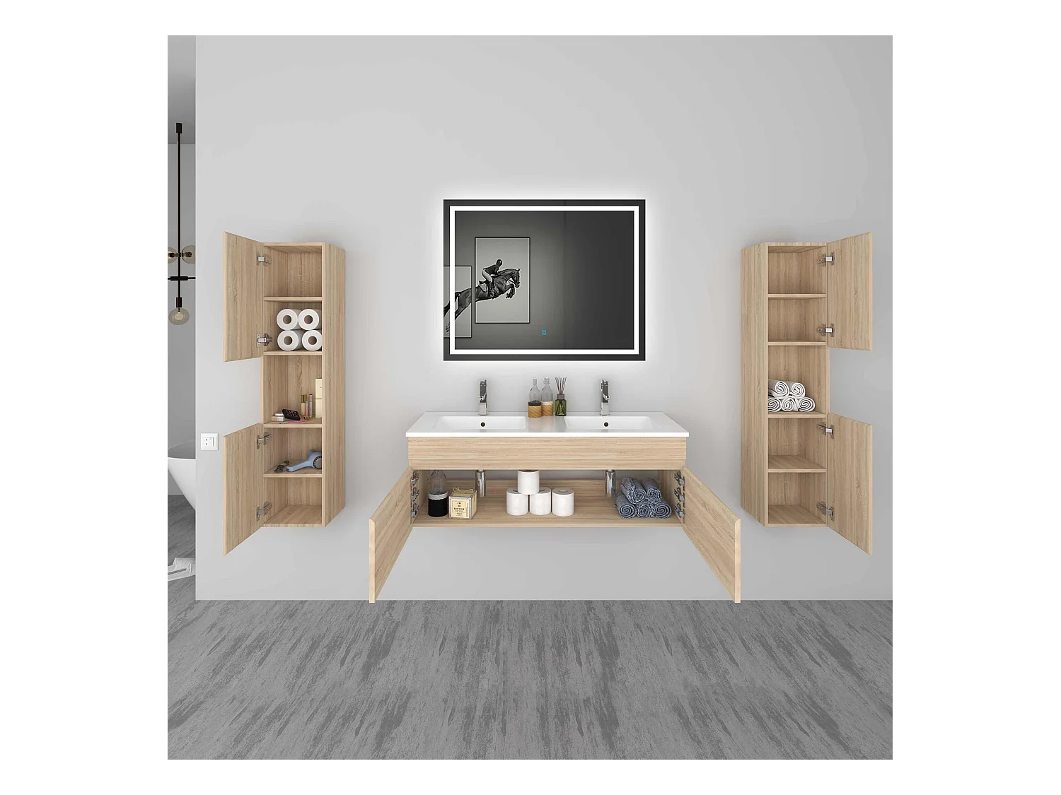 AICA Ensemble meuble Salle de Bain vasque L.120cm Chêne 2 Portes + 2 Colonne + Miroir LED 100 x 80 cm