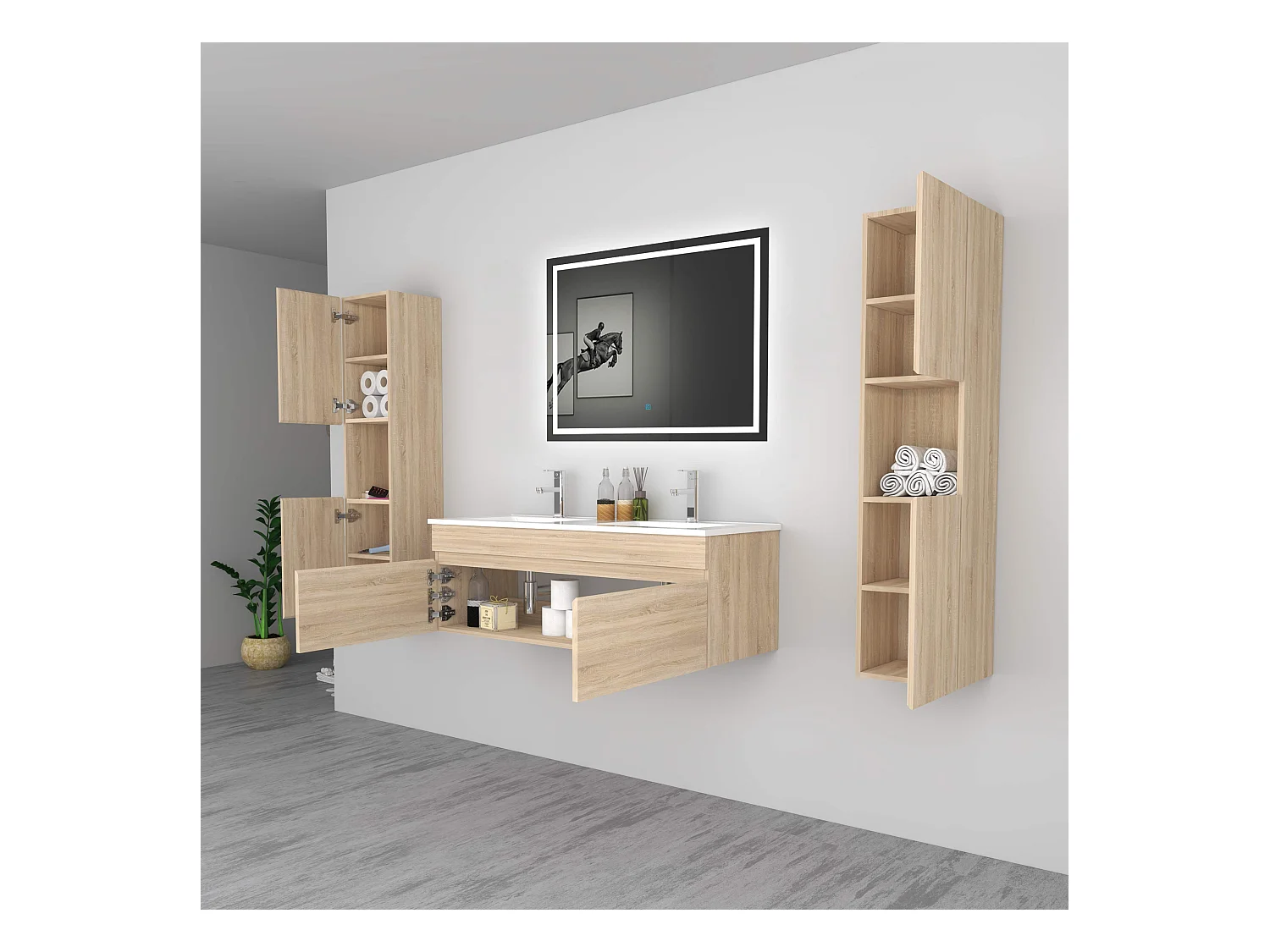 AICA Ensemble meuble Salle de Bain vasque L.120cm Chêne 2 Portes + 2 Colonne + Miroir LED 100 x 80 cm