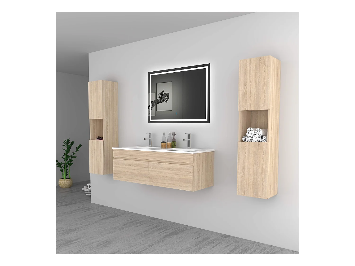 AICA Ensemble meuble Salle de Bain vasque L.120cm Chêne 2 Portes + 2 Colonne + Miroir LED 100 x 80 cm