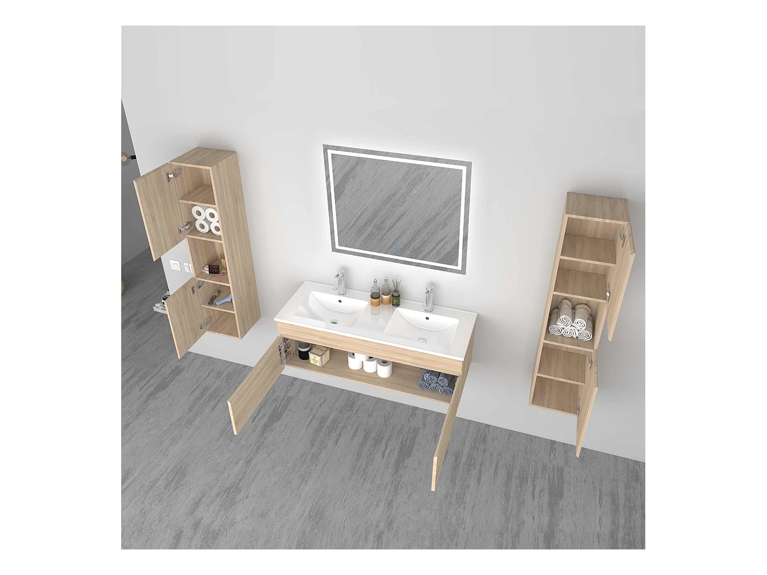 AICA Ensemble meuble Salle de Bain vasque L.120cm Chêne 2 Portes + 2 Colonne + Miroir LED 100 x 80 cm