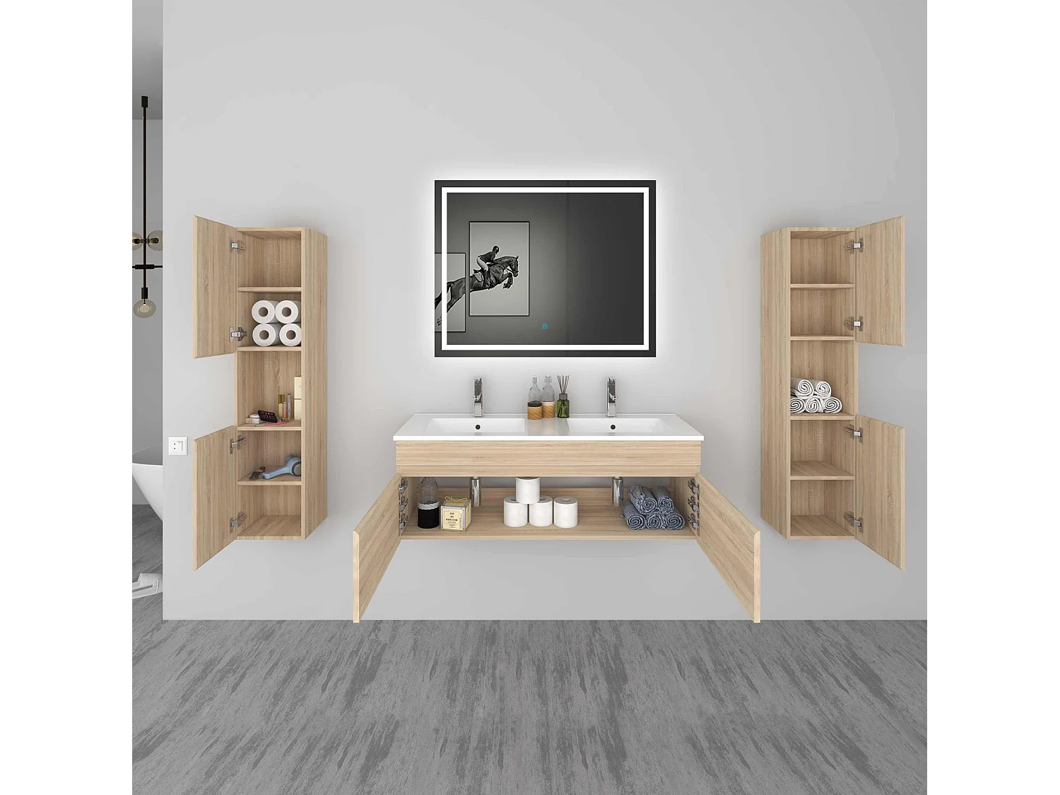 AICA Ensemble meuble Salle de Bain vasque L.120cm Chêne 2 Portes + 2 Colonne + Miroir LED 100 x 80 cm