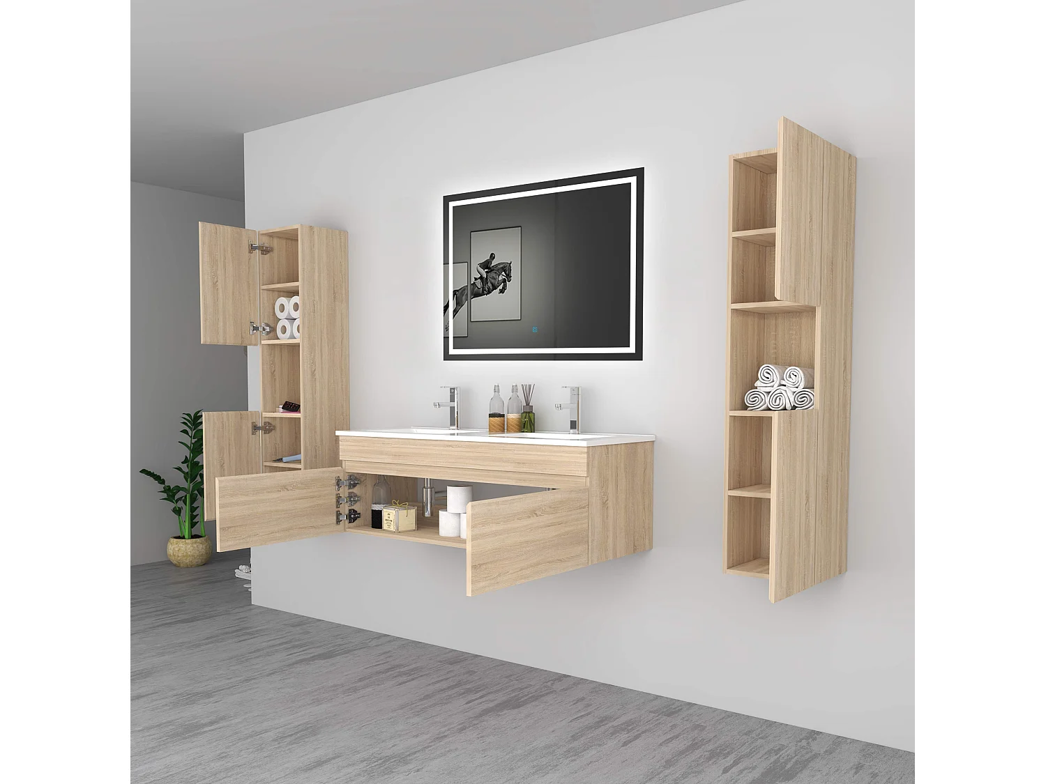 AICA Ensemble meuble Salle de Bain vasque L.120cm Chêne 2 Portes + 2 Colonne + Miroir LED 100 x 80 cm