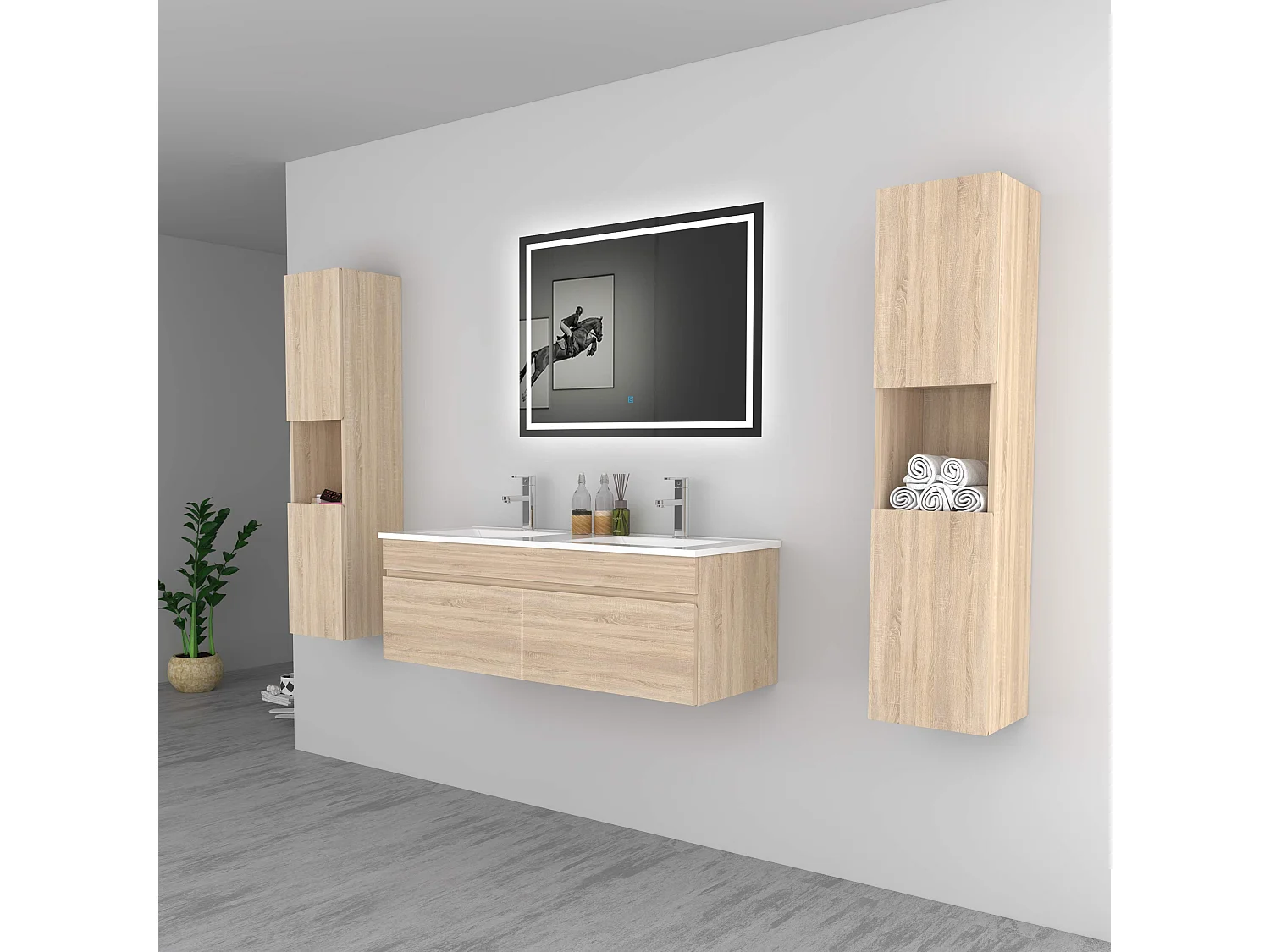 AICA Ensemble meuble Salle de Bain vasque L.120cm Chêne 2 Portes + 2 Colonne + Miroir LED 100 x 80 cm