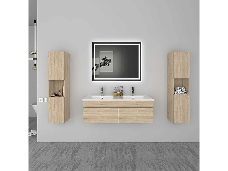 AICA Ensemble meuble Salle de Bain vasque L.120cm Chêne 2 Portes + 2 Colonne + Miroir LED 100 x 80 cm