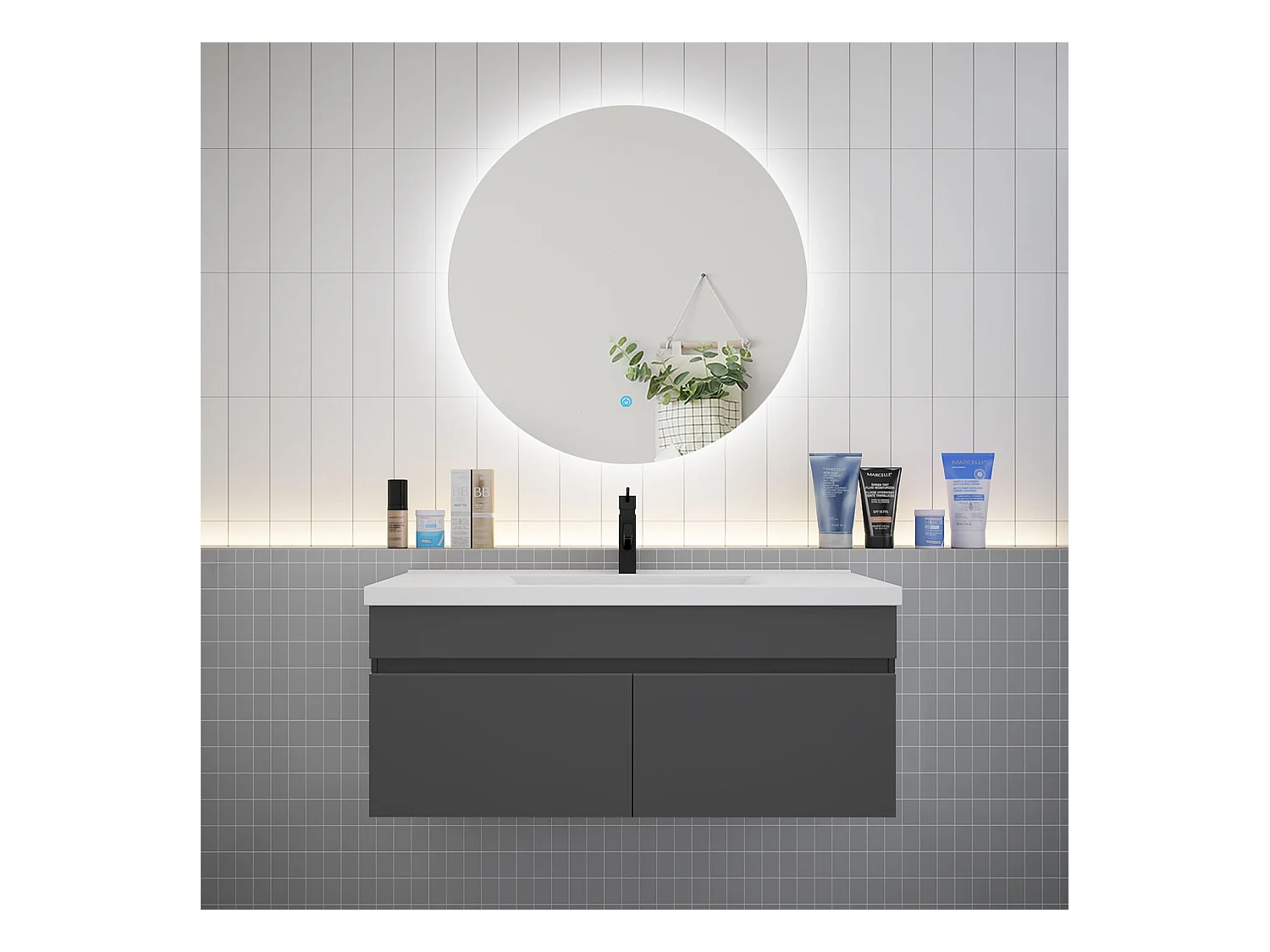 AICA Ensemble meuble Salle de Bain L.100cm Anthracite + vasque + Miroir 100cm Dimmable Rond
