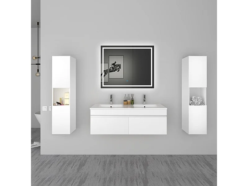 AICA Ensemble meuble Salle de Bain vasque L.120cm Blanc 2 Portes + 2 Colonne + Miroir LED 100 x 80 cm