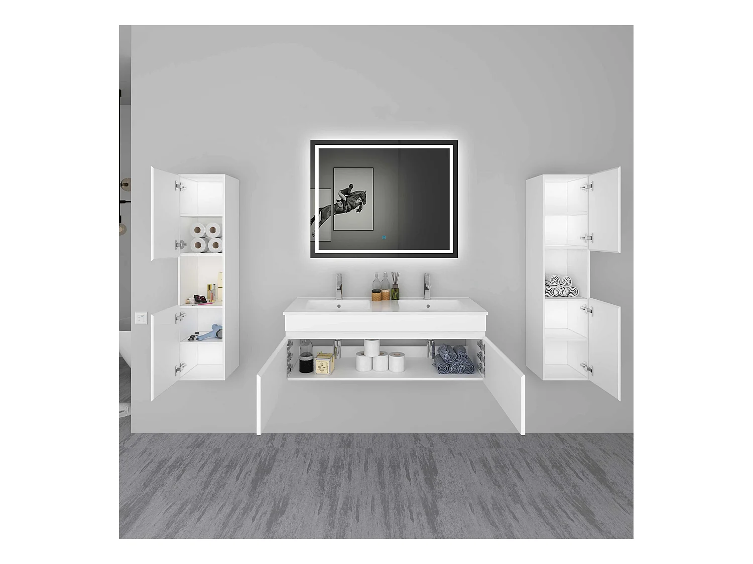 AICA Ensemble meuble Salle de Bain vasque L.120cm Blanc 2 Portes + 2 Colonne + Miroir LED 100 x 80 cm