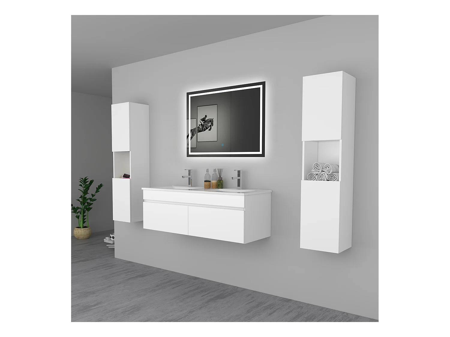 AICA Ensemble meuble Salle de Bain vasque L.120cm Blanc 2 Portes + 2 Colonne + Miroir LED 100 x 80 cm